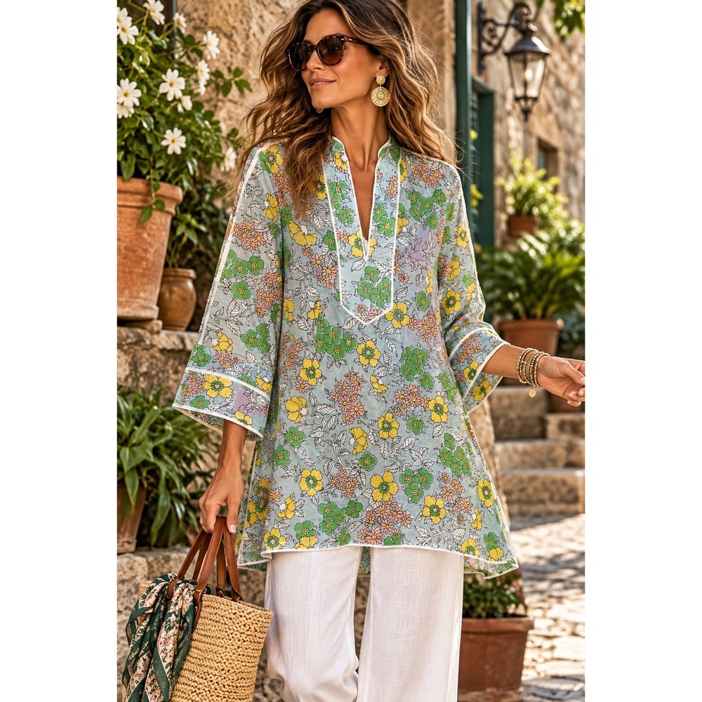 Tory Burch Floral Split Neck Tunic Top Blue Green Yellow 3/4 Sleeve Size S